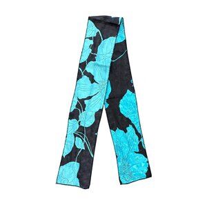 Vintage Long Floral Scarf With Blue Leaf Flower Design On Black Background Headw